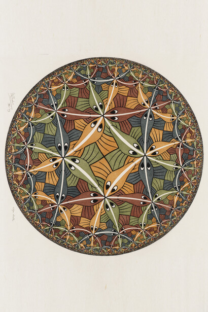 M.C. Escher, Circle Limit III, 1959, Woodcut, Diameter 41.5cm, Gemeentemuseum Den Haag. All M.C. Escher works copyright © The M.C. Escher Company B.V. -Baarn-the Netherlands. All rights reserved. www.mcescher.com
