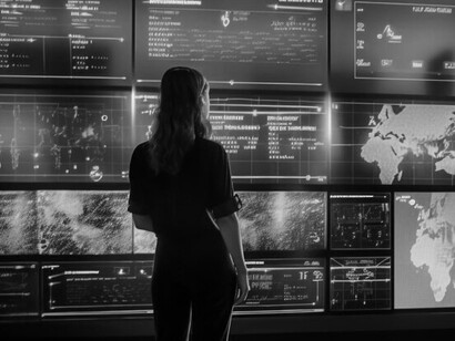 An individual observing amidst the backdrop of surveillance technology, Internet of Things (IoT) devices, and corporate power and control, reflects on the implications for digital identity and privacy