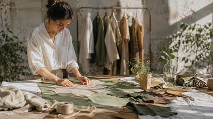 A designer carefully arranging fabric pieces across a worktable, representing the zero waste philosophy of finding purpose for every part of a textile