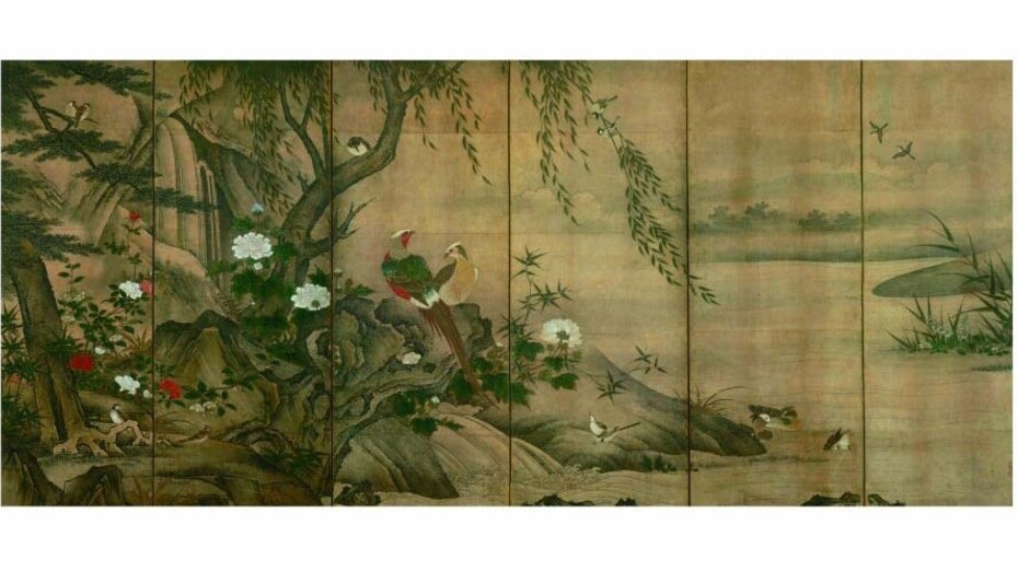 Kanō Utanosuke (attivo alla metà del XVI secolo), Uccelli e fiori delle quattro stagioni, Metà del XVI secolo (periodo Muromachi), Coppia di paraventi a sei ante, Inchiostro e colore su carta, cm 154,2 x 348,2 (ciascun paravento), Tōkyō kokuritsu hakubutsukan  (Museo Nazionale di Kyoto)
