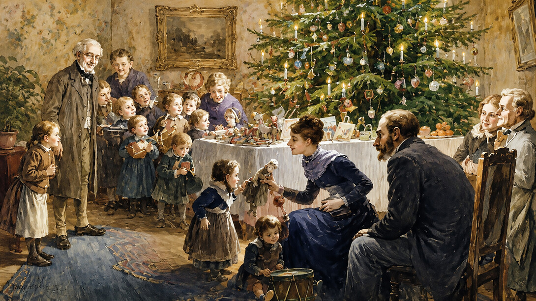 Victorian-era Christmas in Germany, depicting an act of charity as presents are given to peasant children inside a castle, vintage illustration, 1880s, 19th century