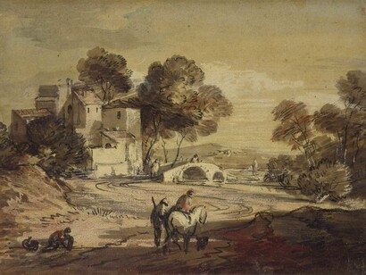 Thomas Gainsborough (1727‒1788), Italianate Landscape with Travellers on a winding Road, c. 1775‒1779, Black chalk with watercolour and bodycolour, 22.5 x 30.9 cm © Ashmolean Museum, University of Oxford