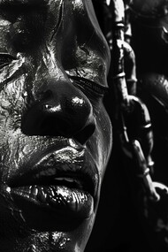 Faces covered in a dark, glossy substance and partially bound by chains, powerfully evoke the historical and ongoing struggles against enslavement and betrayal