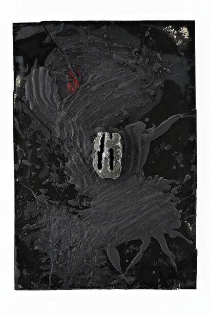 SPAGNULO Manimanisolenero, 2011, tecnica mista su tavola, vetro, sabbia di vulcano, ossido di ferro, acciaio, 97x66x12 cm