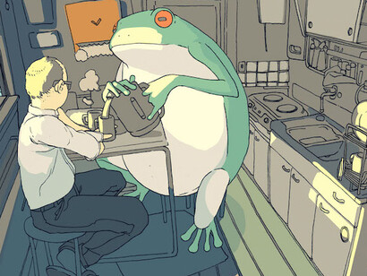 Illustrazione di Lorenzo Ceccotti per "Ranocchio salva Tokyo" di Murakami Haruki