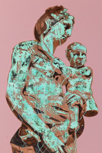 Marco Borgianni, da Jacopo Della Quercia “Rea Silvia”,
Siena, Santa Maria della Scala,
2015,
tecnica mista su tela con foglia di rame e ossidazione,
150 × 120 cm

