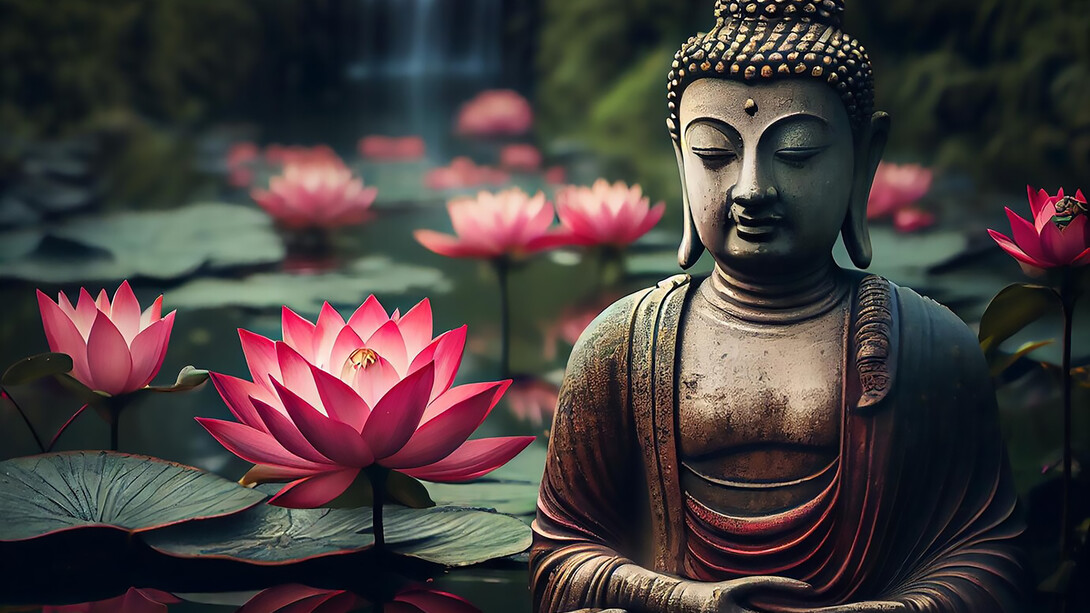 Buddhism statue in floral garden 