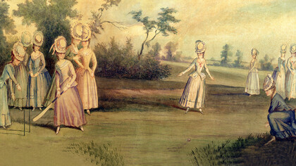 Cricket match painted by Elizabeth, Lady Tanfield, featuring the Countess of Derby and other ladies, 1779