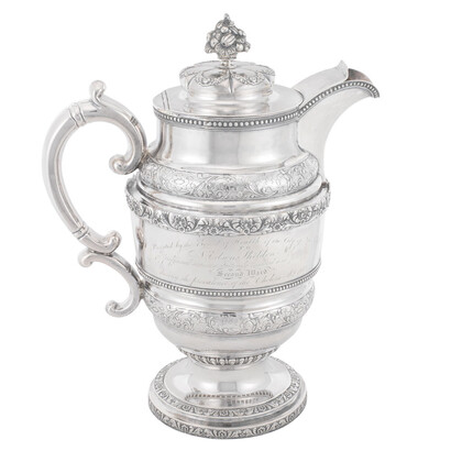 Covered ewer presented to Dr. N. Edson Sheldon by the Board of Health of New York City for “professional services gratuitously rendered to the poor of the Second Ward during the prevalence of the Cholera A.D. 1832.” Silver, made by Joseph Moseley and William Gale. Museum of the City of New York, 74.155
