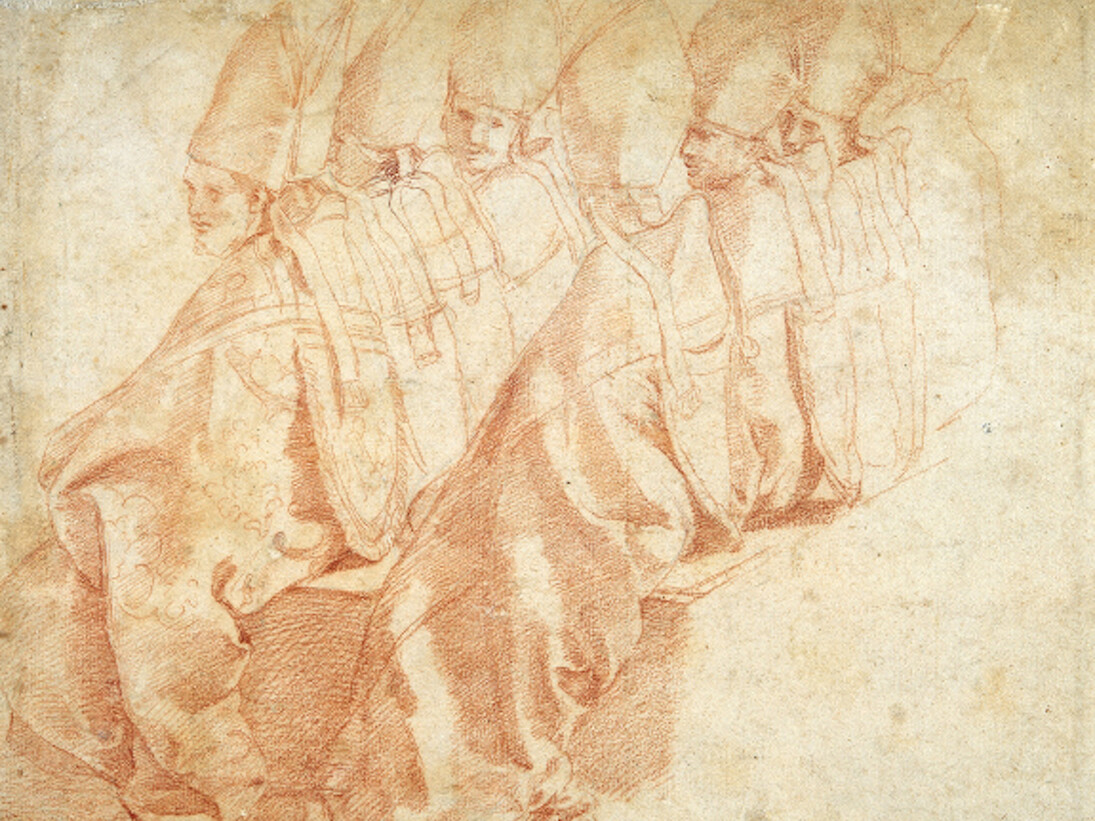 Raphael, properly Raffaello Sanzio or Santi (Urbino 1483 – 1520 Rome); Eight seated Bishops, c. 1516; red chalk, 26.1 × 31.8 cm. State Academy Collection / Sammlung der Kunstakademie (NRW)
