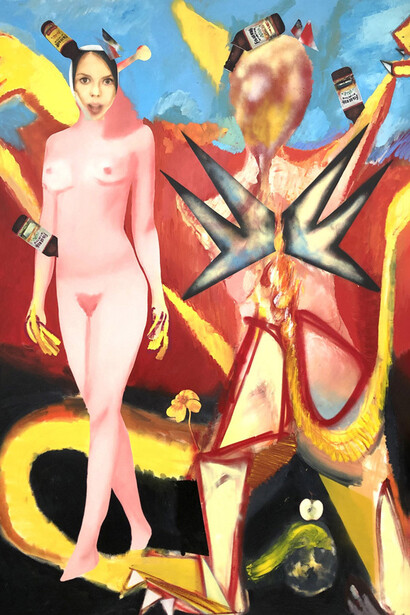 Alessandro Pessoli, Couple, 2020.
Olio, vernice spray, pastelli ad olio su tela
145 x 200 cm. Courtesy greengrassi (Londra) e ZERO… (Milano)