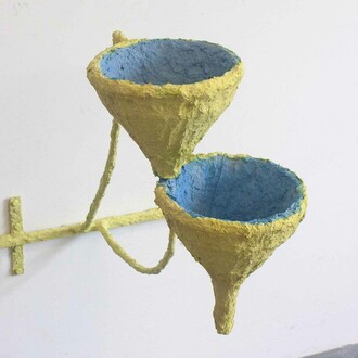 Olivia Bax, Y-Y, 2019, Steel, funnels, paper, glue, paint, plaster, screws, 56x46x57cm 