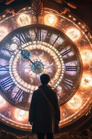 A man staring at a giant clock, watching as time goes by