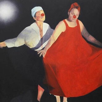 Jordan Kantor, Untitled (clown dance) (2012-13), oil on canvas, 58 x 72 inches. © Jordan Kantor and courtesy Churner and Churner, New York.