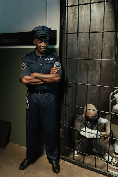 Police officer stood next to a man sitting on the floor