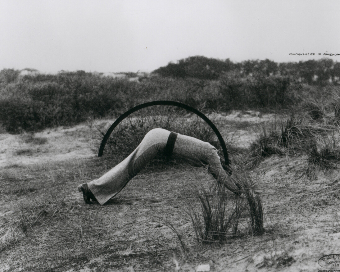 Valie Export, Konfiguration in Dünenlandschaft, 1974, Pencil on black and white photograph, Dimensions: 41,6 x 60,7 cm (16,38 x 23,9 in), Framed Dimensions: 56 x 79 cm (22,05 x 31,1 in) Ed. of 3
