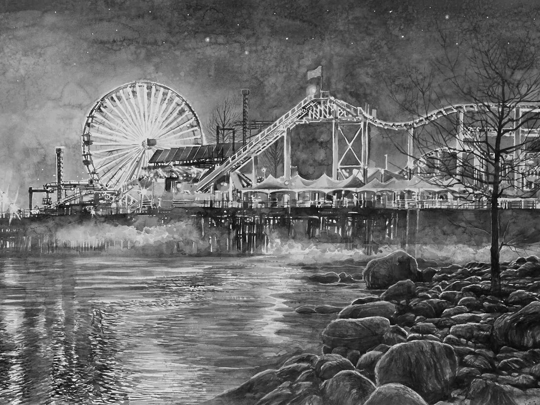 Hans Op de Beeck, ‘Amusement Park (3)’ - 2015, detail, Black and white watercolor on Arches paper in wooden frames, Aquarelle sur papier Arches encadrée, 302,8 x 118,8 x 4,4 cm (framed/encadrée), Photo Studio Hans Op de Beeck