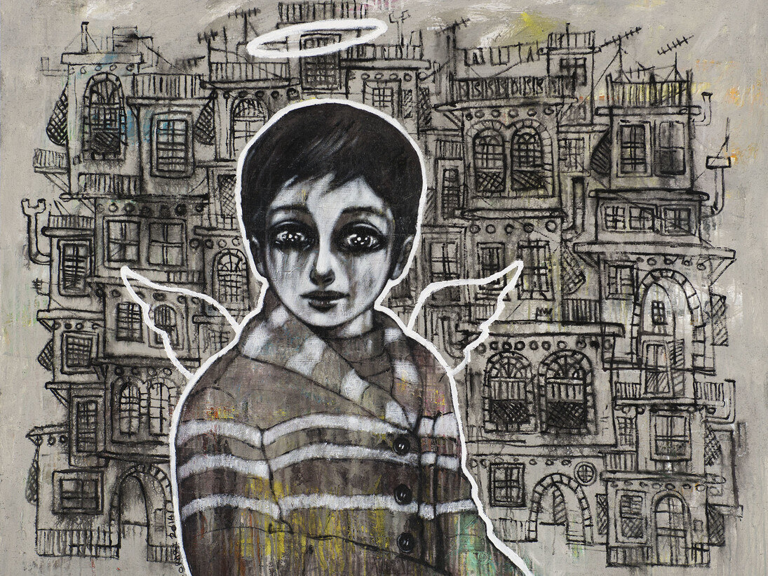 Mohannad Orabi, Untitled, 2014, Mixed media on canvas, 140 x 170 cm