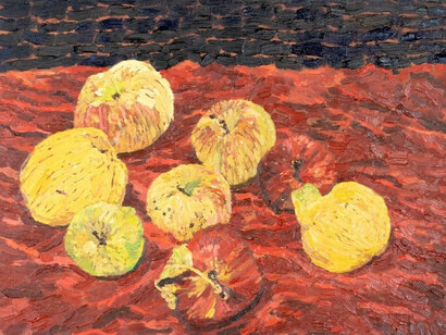 Martin Machado, First Apples and Quince of the Season (detail), 2023. Oil on Canvas, 14 x 18 in, 35.6 x 45.7 cm. Courtesy of Eleanor Harwood Gallery