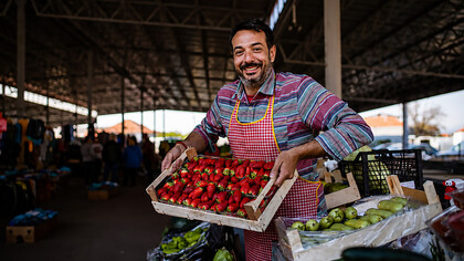 A farmer's market vendor displaying a crate of fresh strawberries, ready for customers to enjoy
