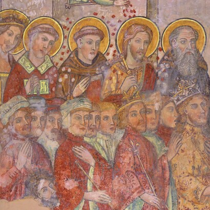 Chiesa dell'Annunziata, particolare dell'affresco raffigurante il Giudizio Universale dipinto in controfacciata. Sant'Agata de' Goti, Italia. Foto di Gianfranco Vitolo