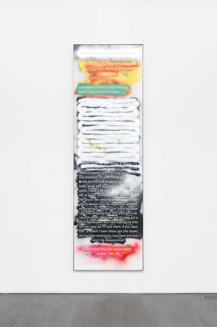 Harry Dodge, Franks and Beans (Stencil Series), 2015, Plexiglass, paint, polished, aluminum frame, 243.8 x 63.5 x 10.2 cm