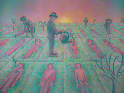 Wo Xinyu, Guardian of Humanity, 2023, oil on canvas, 48x60 inches. Courtesy of the artist and VillageOneArt Gallery
