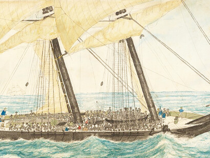 The Portuguese slave ship Diligenté, captured by H.M. Sloop Pearl with 600 enslaved people on board, was taken to Nassau under the command of Lieutenant Henry Samuel Hawker