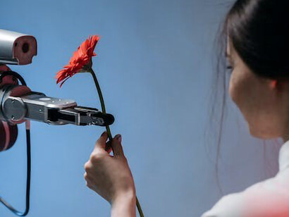 With a flower gently cradled in her hand, a woman directs her gaze towards an artificial intelligence robot.