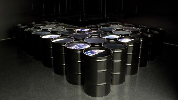 Alfredo Jaar, Geography = War, 1991. Duratrans, light boxes, 55-gallon metal barrels, and water. Dimensions variable. Collection Museum of Contemporary Art Chicago, gift of Mr. and Mrs. M. A. Lipschultz and Maremont Corporation by exchange, 1992.89.a-ddd
© Alfredo Jaar. Courtesy of Galerie Lelong, New York, Nathan Keay, © MCA Chicago