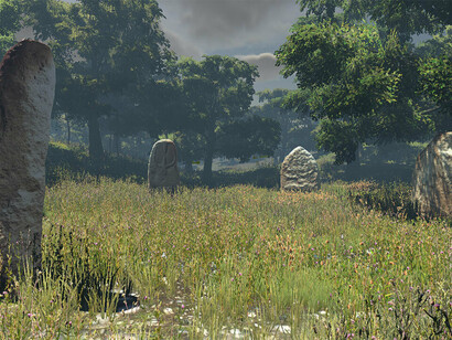 Scenario virtuale in 3D rappresentante un circolo megalitico. I Menhir sono realizzati con la tecnica della fotogrammetria e inseriti in un contesto naturalistico rappresentante la Sardegna del neolitico