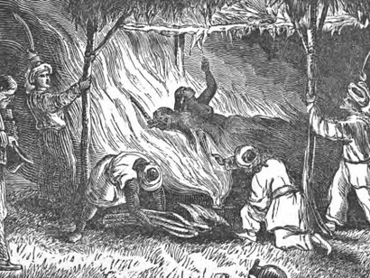 Widow burning in India. (1852, August). Plate IX, p. 84