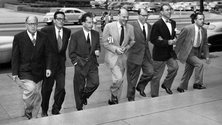 The Hollywood ten (Left to right: Samuel Ornitz, Ring Lardner Jr., Albert Maltz, Alvah Bessie, Lester Cole, Herbert Bieberman, Edward Dmytryk), 1950. Courtesy of the New York Historical