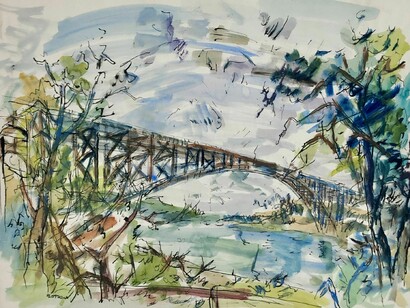 Henry Botkin, The Bridge (St. Louis), 1933,
Watercolor on paper, 19 x 25 inches. Courtesy of the artist and Childs Gallery
