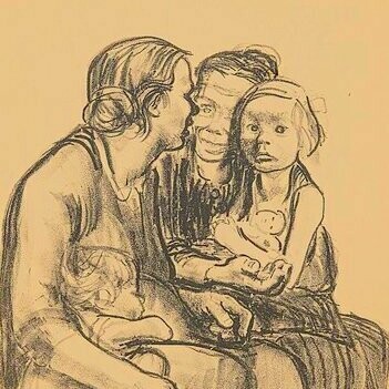 Käthe Kollwitz, "Dos mujeres charlando con dos niños", litografía, 1930