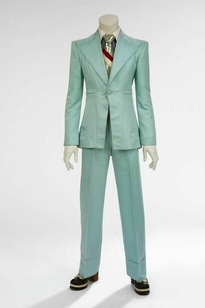 David Bowie, Ice-blue suit, 1972. Designed by Freddie Burretti for the Life on Mars? video. Courtesy of The David Bowie Archive. Image © Victoria and Albert Museum.
