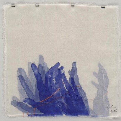 Astigmatism 26 No.2, ShenCai, 19.7 x 19.7 in., 2023, Silk, mineral pigments. Courtesy of the artist and VillageOneArt
