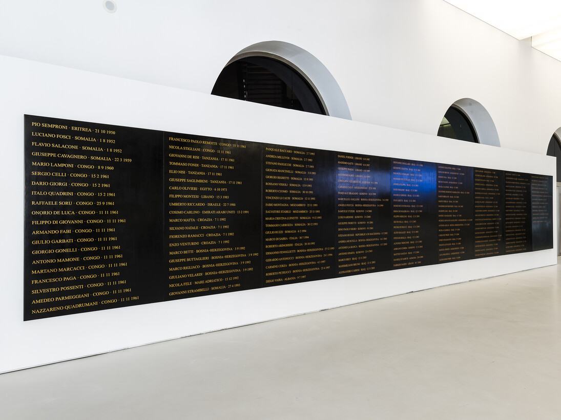 Flavio Favelli,
Gli Angeli degli Eroi,
Acrilico e smalto su pannello,
200 x 1.260 cm,
2015,
courtesy MAXXI,
foto Sebastiano Luciano
