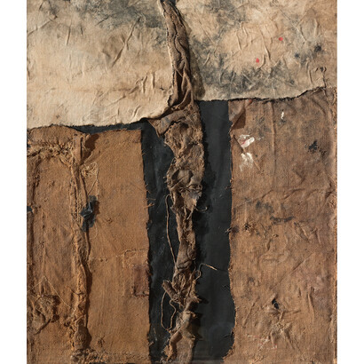 Alberto Burri, Sacco e Rosso, 1956, burlap and oil on canvas, 100 x 86 cm, Courtesy Fondazione Burri and Mazzoleni London