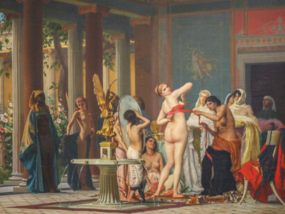 Las subastas de esclavos y su compra en mercados eran escenas comunes en las ciudades-estado griegas. Gustave Boulanger, Después del baño, 1867