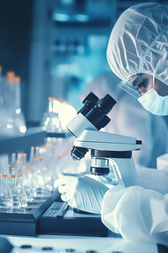A scientist working in the lab develops pharmaceutical solutions