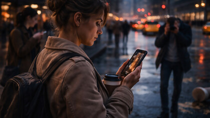 A woman watches a vertical drama on her phone while standing on a busy city street, reflecting how smartphone storytelling has become part of everyday life