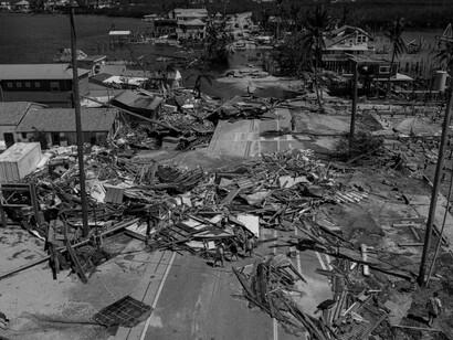 An aerial view shows a broken section of Pine Island Road, debris and destroyed houses in the aftermath of Hurricane Ian in Matlacha, Florida