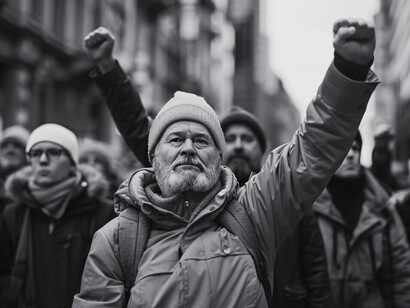 Surrounded by fellow demonstrators, the man’s raised fist signifies the desire for change, as people push for a balance between personal freedom and societal responsibility