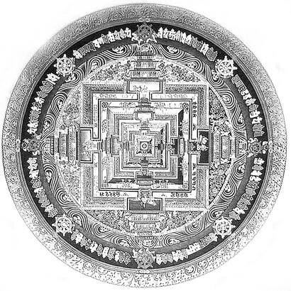Shambhala. Ce lieu serait entouré de montagnes enneigées et aurait la forme d'une fleur de lotus à huit pétales