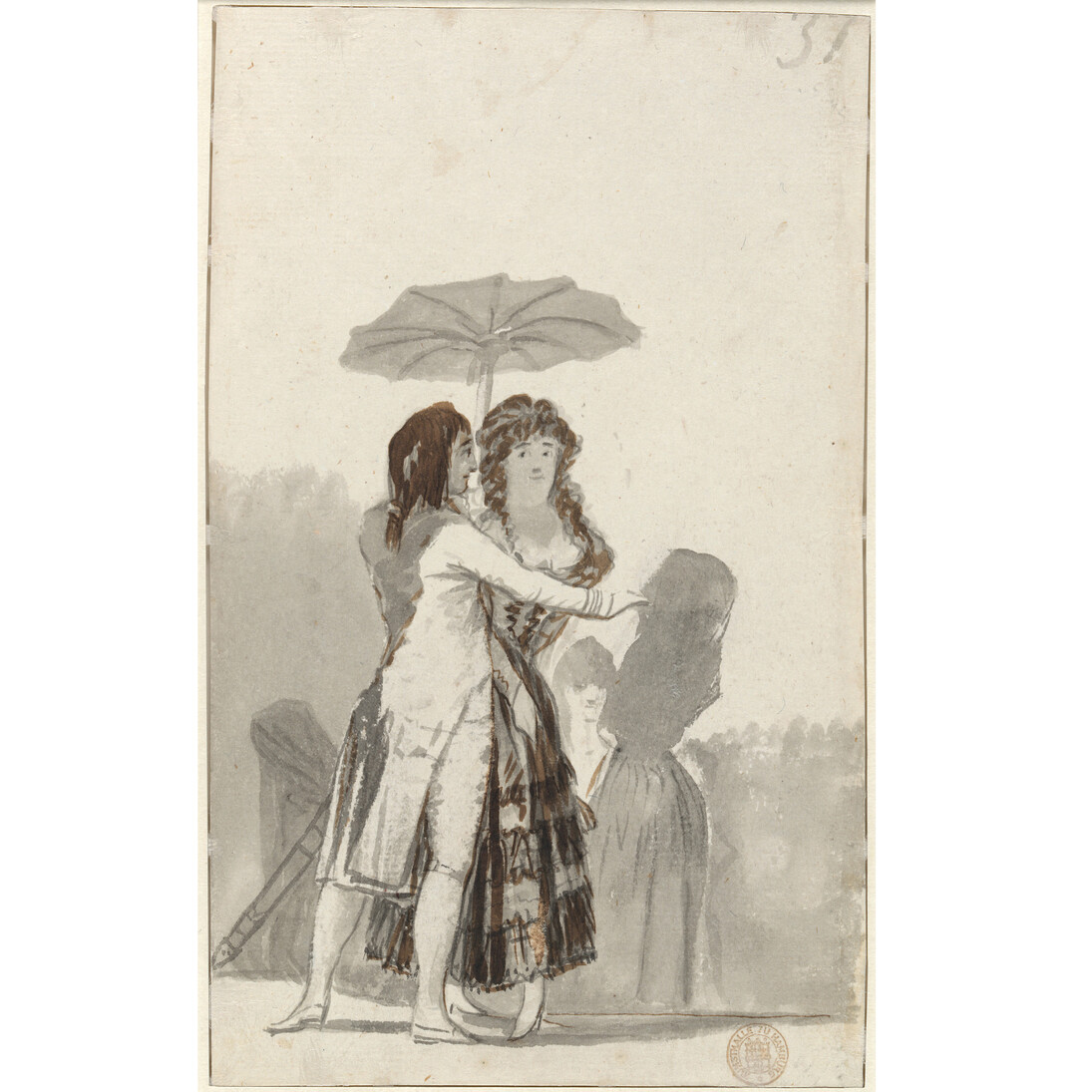 Pareja con sombrilla en el paseo, Francisco de Goya, Pincel aguada de tinta china, y raspador; retocado con tinta de bugalla a pincel, 221 x 134 mm, 1795 - 1797, Hamburgo, Hamburger Kunsthalle, Kupferstichkabinett © Hamburger Kunsthalle / bpk, Foto: Christoph Irrgang