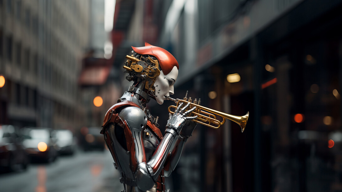 A high-tech robot droid skillfully plays a trumpet, merging futuristic innovation with traditional music