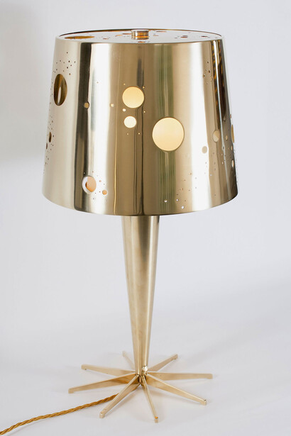 Roberto Giulio Rida, Pair of Lattea table lamps, Brass table lamps, the shades with circular cut-outs revealing the sanded glass diffusers within, Italy contemporary, H:69 cm Diameter:36 cm