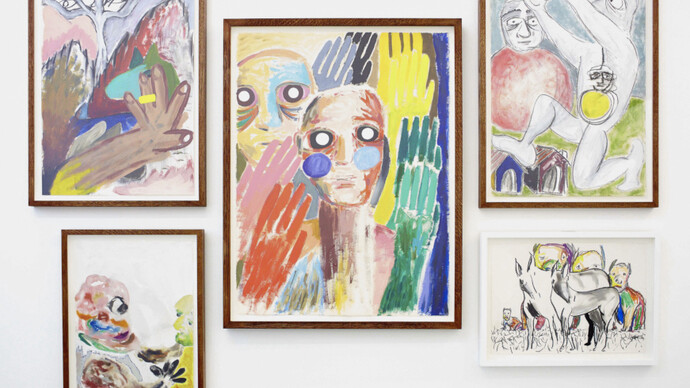 Mathew Sawyer, ‘Sleep Dreamt a Brother’, 2014, ‘Part 1’ (centre), Oil and acrycli on paper, 83 x 64 cm, ‘Part 2’ (top, left), Oil, charcoal, acrylic on paper, 65.5 x 48 cm, ‘Part 3 (bottom, left), Watercolour and gouache on paper, 56 x 38 cm, ‘Part 4’(top, right), Charcoal and acrylic on paper, 65.5 x 48 cm, ‘Part 5’ (bottom, right), Charcoal and oil pastel on paper, 36 x 48 cm, Photo: Lee James Thompson