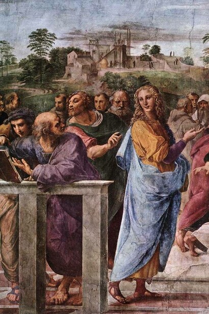 Particolare della Chiesa Militante. Bramante, appoggiato al parapetto, e Francesco Maria della Rovere con la veste gialla, "Disputa del Sacramento", Raffaello